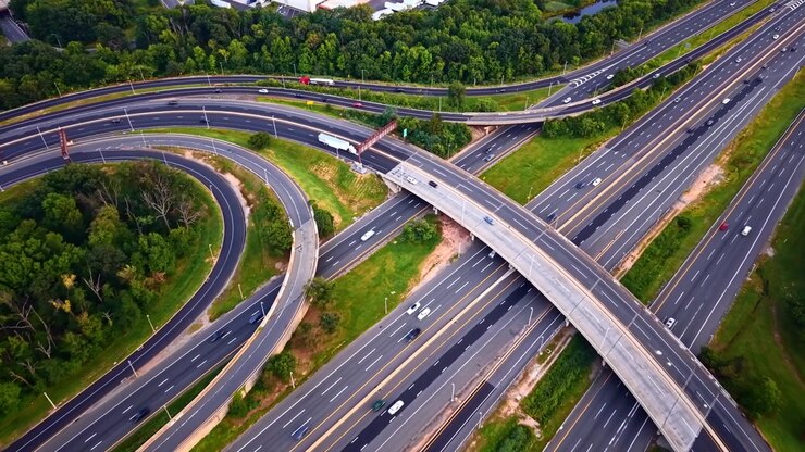 Drone view of highway interchange with merging ramps. Aerial shot of curved overpass bridge crossing multilane freeway with cars, trucks and green surroundings. Garden State Parkway