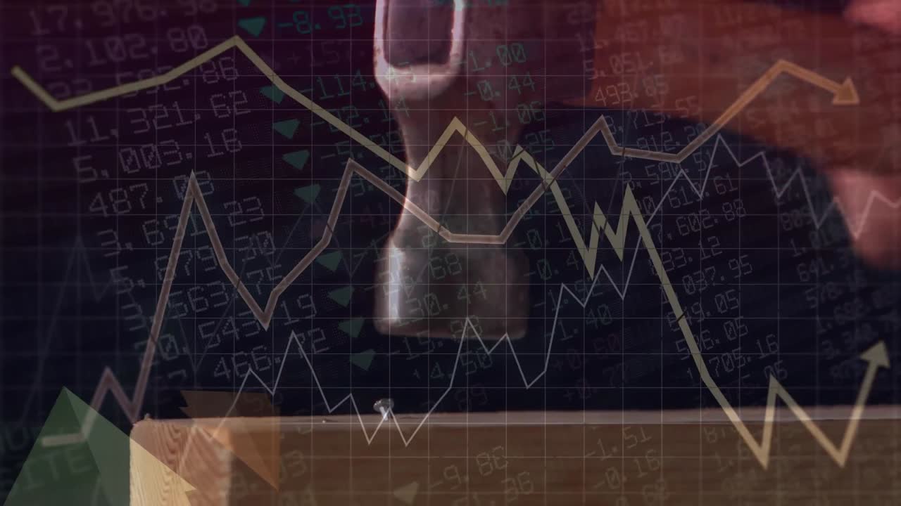 Animation of statistics and financial data processing over auctioneer's hammer