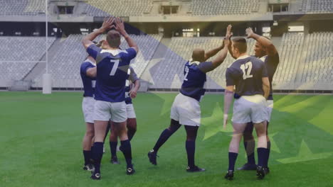 animación de la bandera de bosnia y herzegovina sobre diversos jugadores de rugby masculinos dando los cinco en el estadio