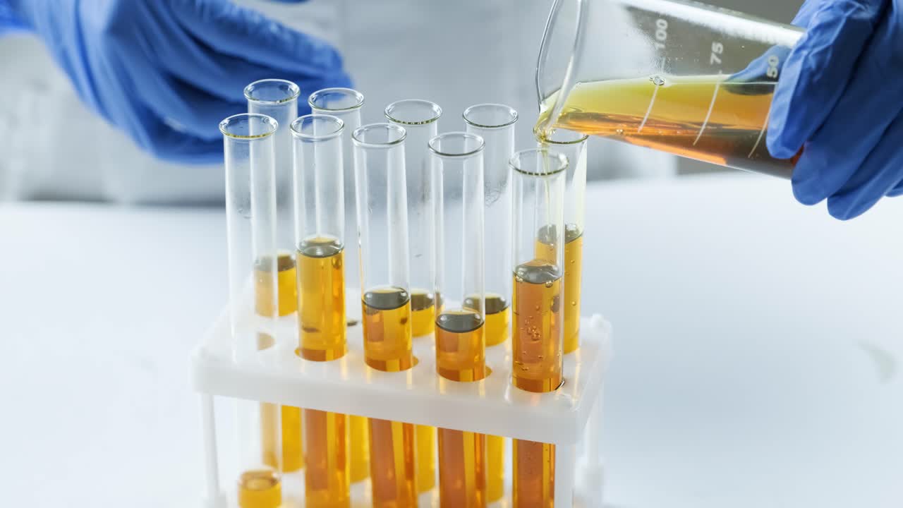 실험실 환경에서 실험 튜브에 액체를 부어주는 과학자