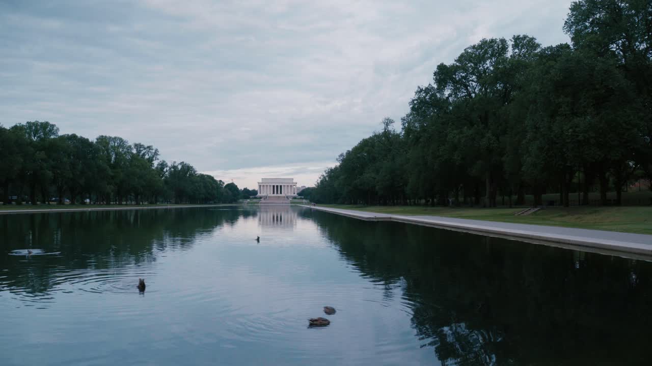 링컨 기념관 반사 풀 나무 물 구름 하늘 오리 움직이는 총