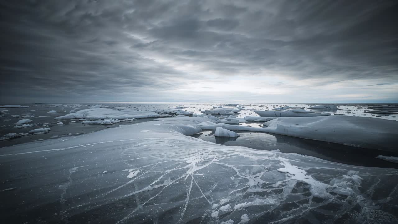 Moving camera revealing fractured sea ice sheet at polar ocean, showing dark leads and ripple