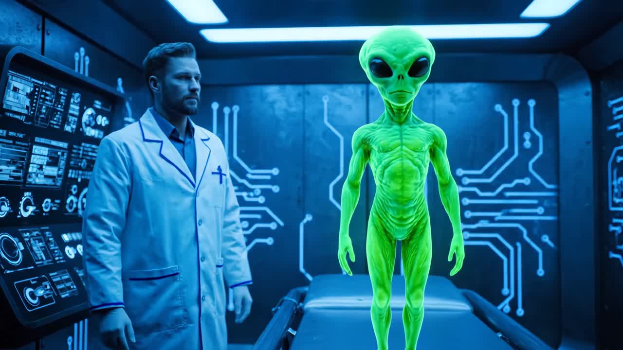Scientist Studying an Alien in a Futuristic Laboratory
