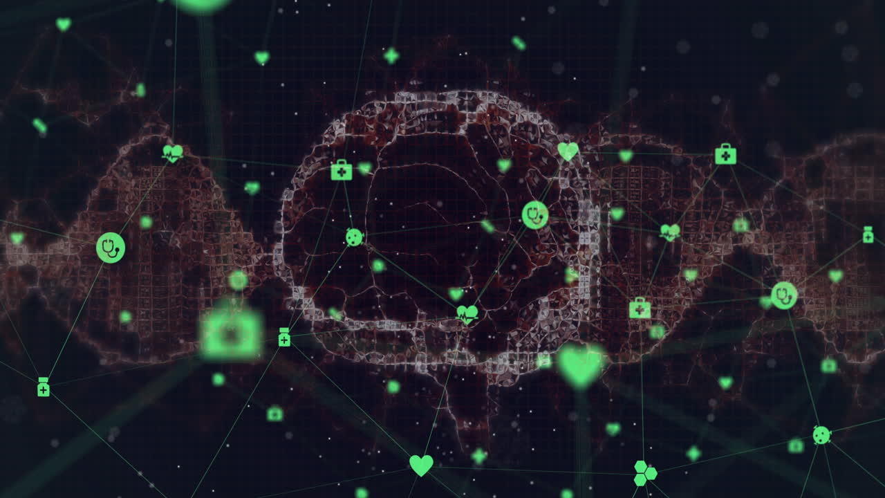 animación digital de una red de iconos médicos contra el cerebro humano girando contra un fondo negro