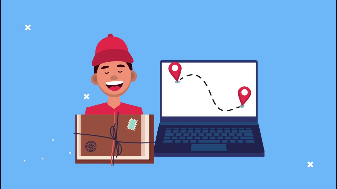 노동자 리프팅 박스와 노트북을 가진 배달 물류 서비스