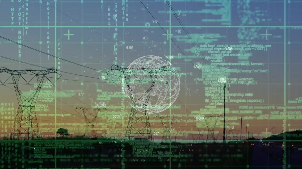 Animation of data processing and globe over pylons