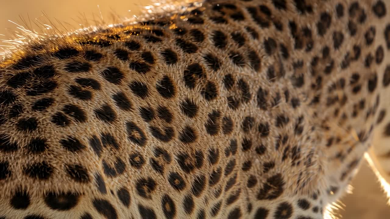 Shifting weight sending leopard flank advancing through sunlit savanna, accentuating tawny rosettes