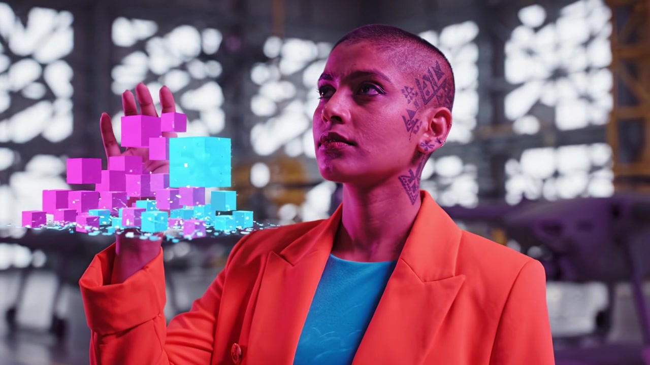 Futuristisk portrett av en kvinne med barbert hode og en levende oransje dress, omgitt av fargerike 3D-kuber i et industrielt miljø