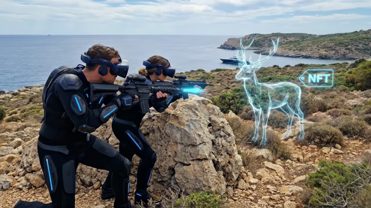 Fremtidens jægere med VR-headset, der sigter efter holografisk NFT-hjort
