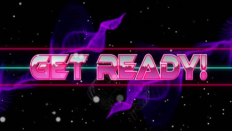 animation of white spots over get ready text banner against purple digital waves and brain icon