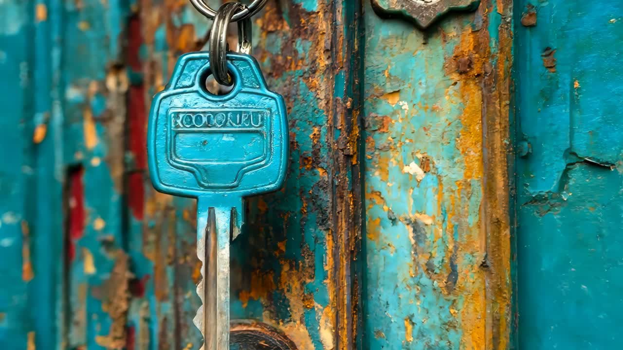 una llave azul colgando de una puerta azul con pintura pelada