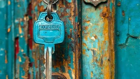 a blue key hanging from a blue door with peeling paint