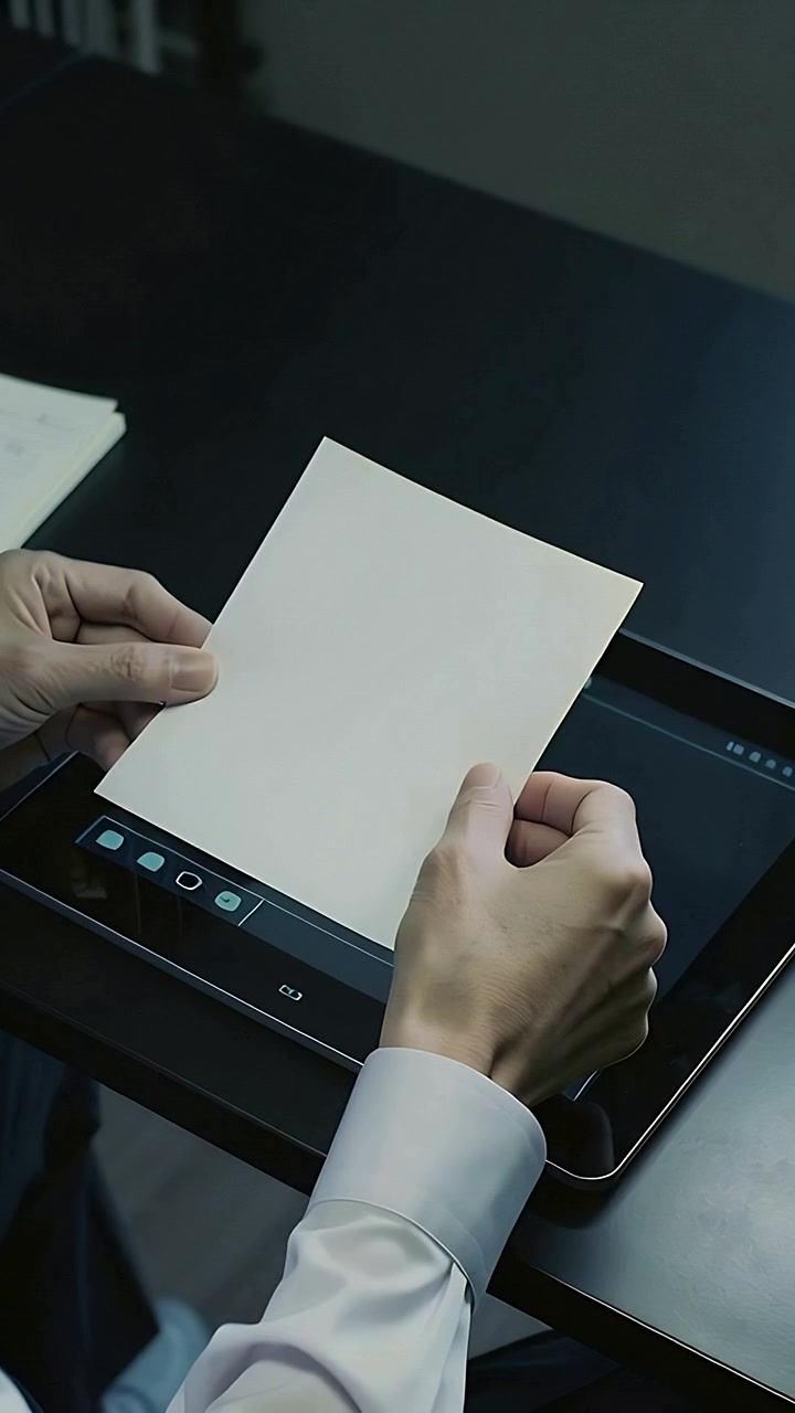Vertical video: Aligning sheet on tablet, hands in shirt adjusting sliding right, revealing menu