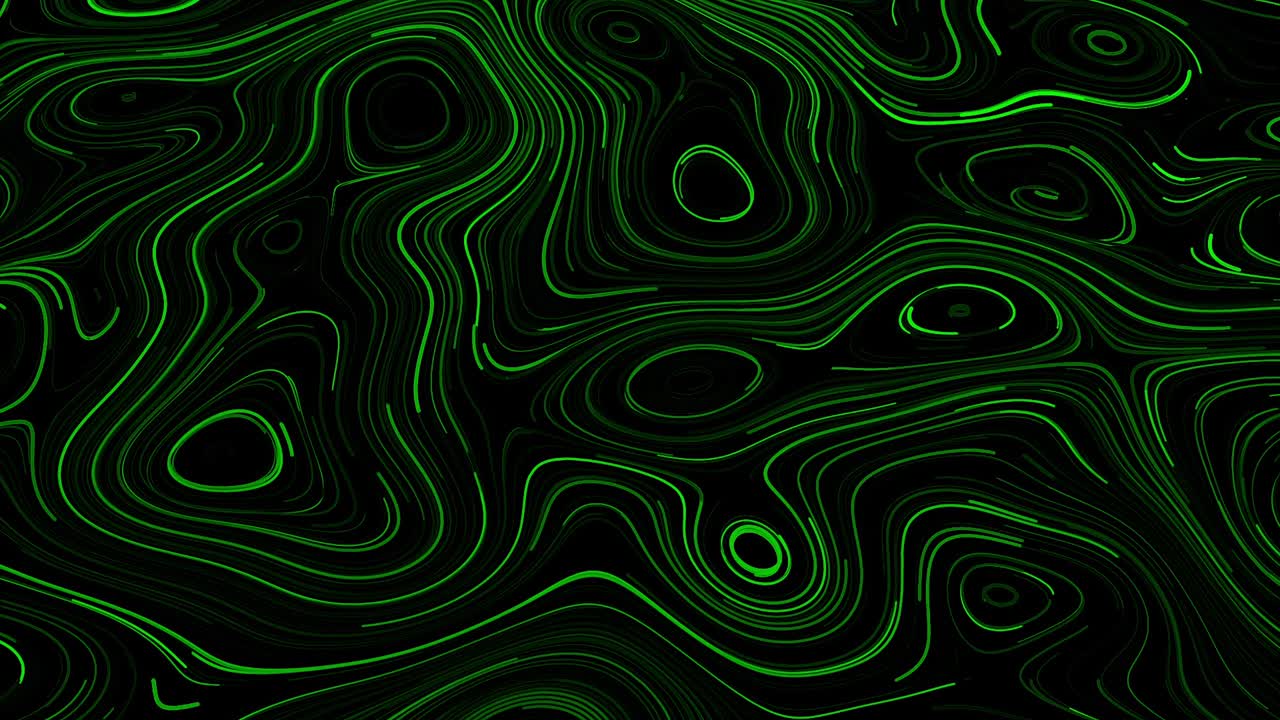 fondo abstracto con líneas delgadas deformadas onduladas que se mueven rápidamente, bucle sin costuras. animación. hermosas formas de neón verde sobre fondo negro
