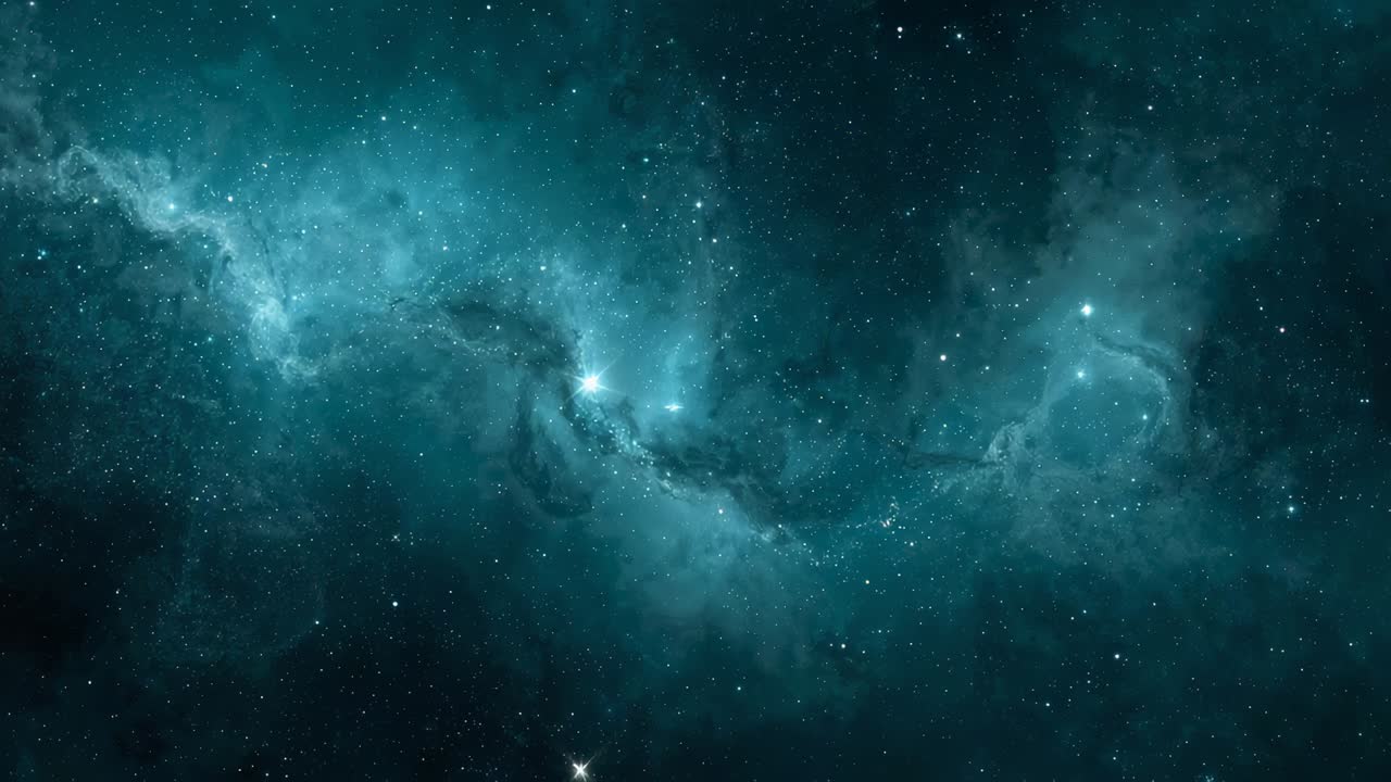 Panning simulated camera revealing teal-blue nebula drifting in deep space, showing bright knot