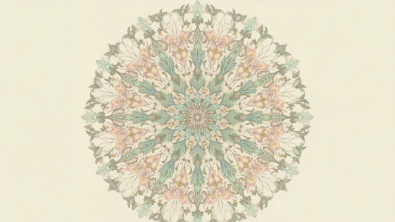 Animazione di un mandala circolare centrale che si espande su uno sfondo color crema, rivelando strati di petali color pastello
