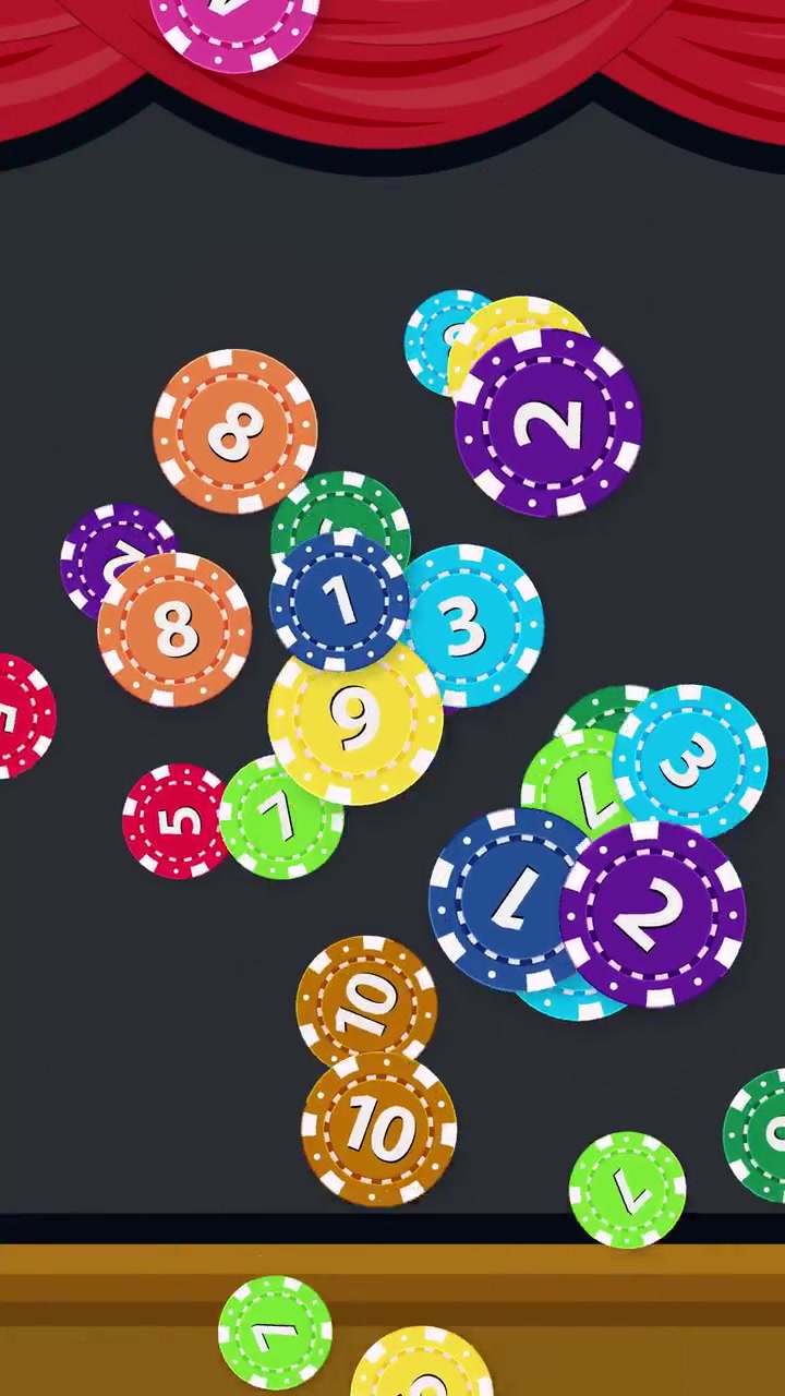 Fiches da poker vivaci cadono verticalmente oltre tende rosse e una sporgenza di legno in animazione 2D
