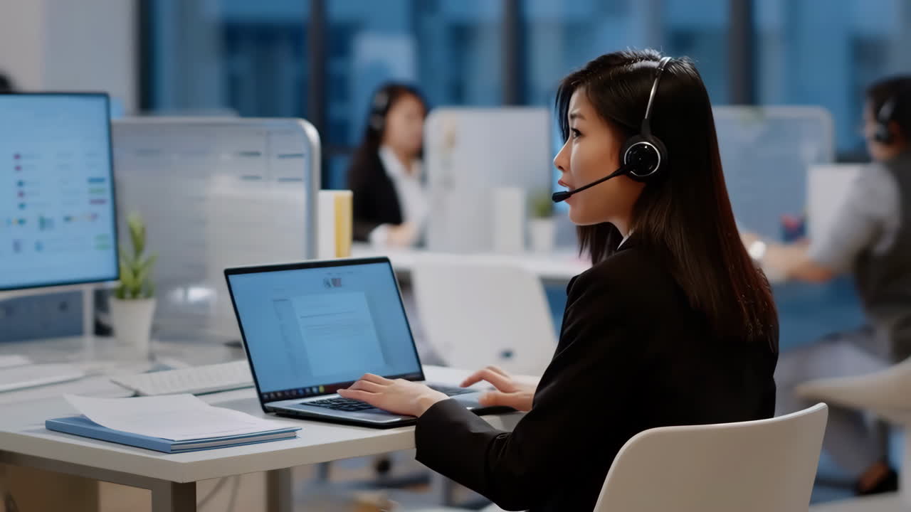 Woman working in a busy call center