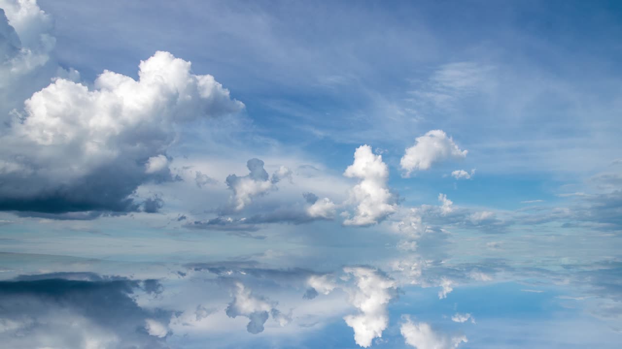푸른 하늘 위의 색 은 구름과 그 반사, 비디오 루프로 구성된 미래의 배경