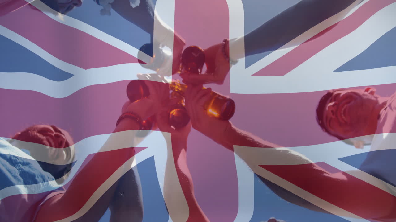 Celebrating with beer bottles, people clinking over Union Jack flag animation