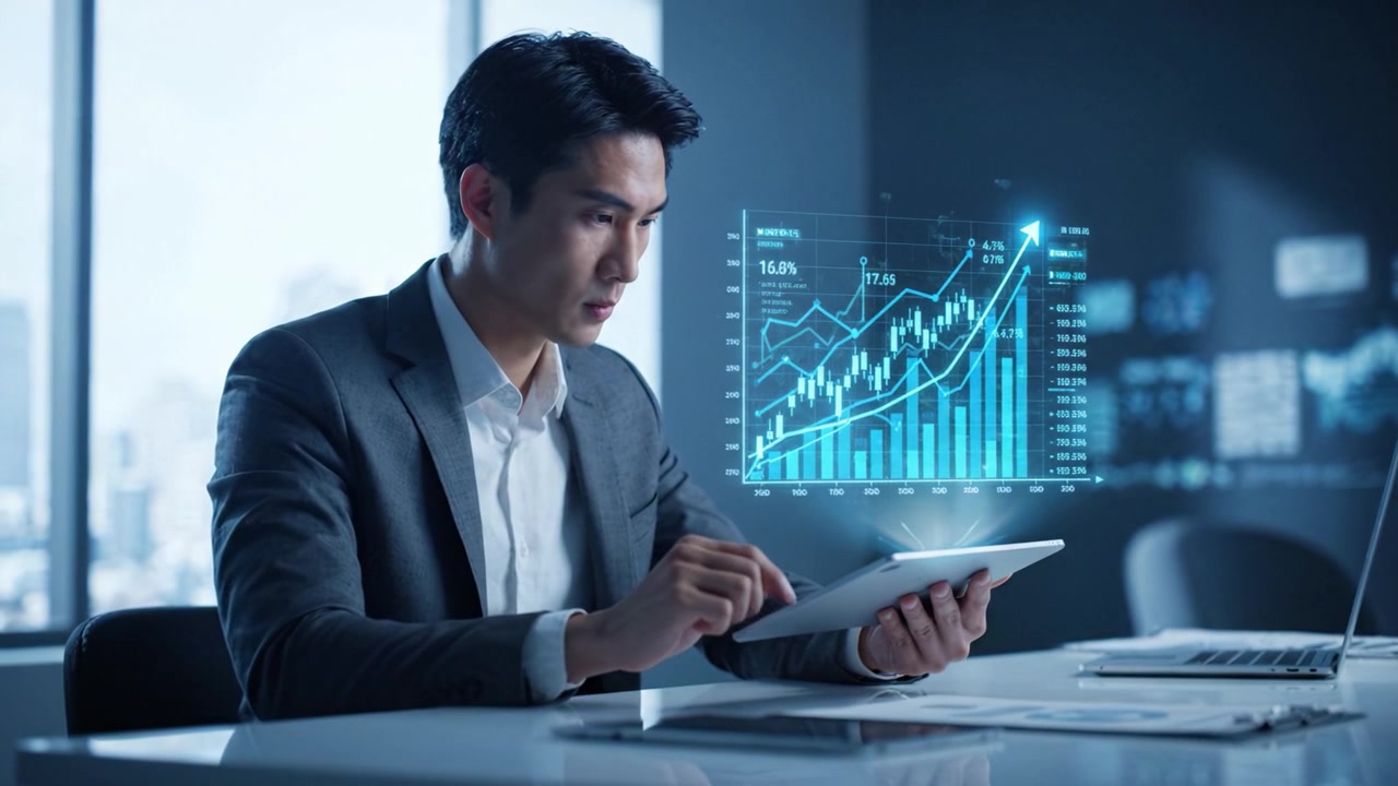 Un professionista concentrato analizza le tendenze dei dati digitali su un tablet in un ufficio moderno, illustrando l'intersezione tra tecnologia e analisi aziendale.