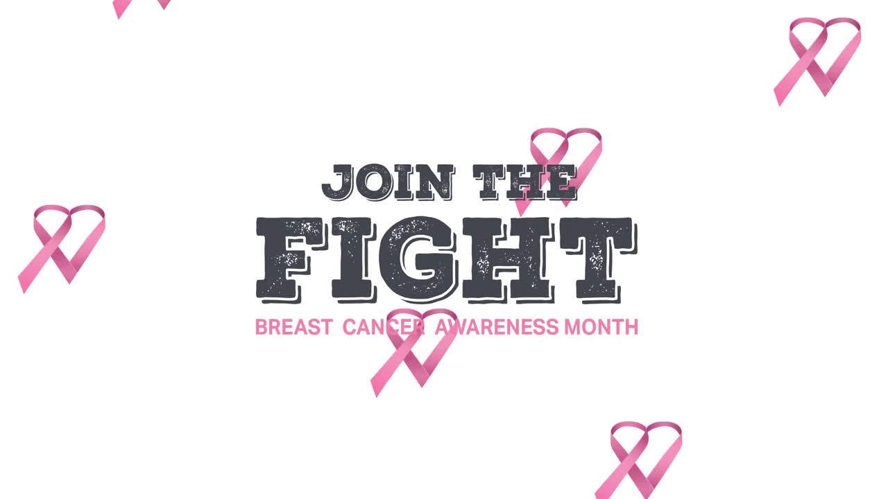 ⁇ 색 배경에 나타나는 유방암 텍스트 위에 떨어지는 여러 개의 분홍색 리본 로고의 애니메이션