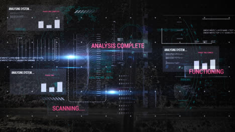 Animation of data processing on screen over cityscape