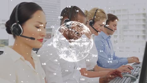 Animation-of-globe-and-connections-over-business-people-wearing-headsets