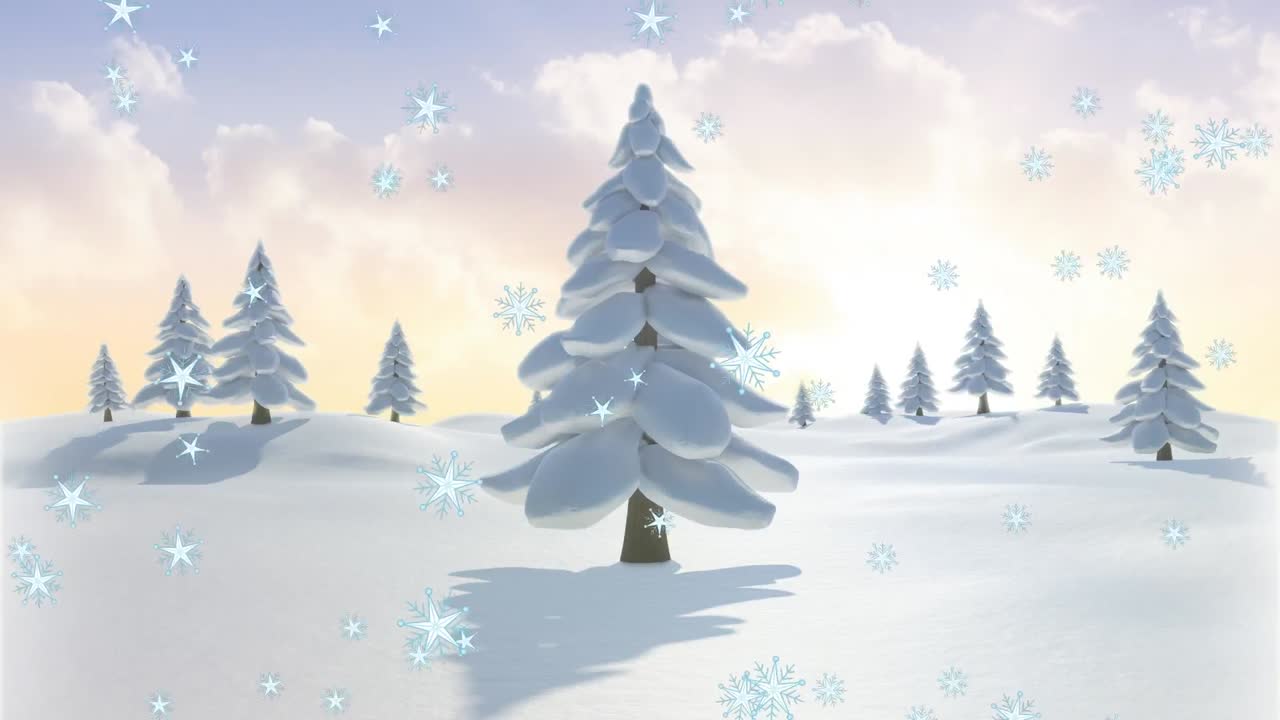 겨울 풍경 위에 내리는 눈의 애니메이션
