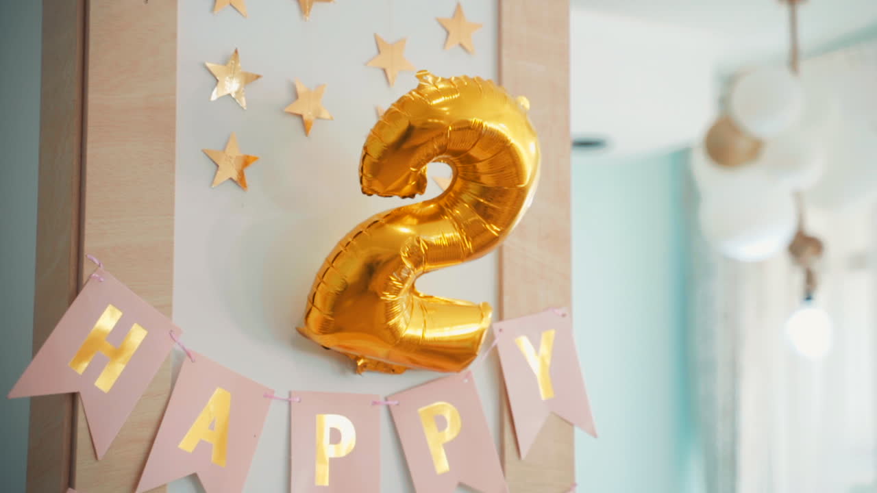 Title for birthday party. Party club with yellow-gold big balloon. Decoration for child big day.