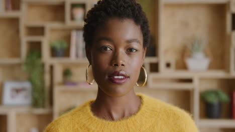 close up portrait confident black business woman looking serious pensive beautiful african american female entrepreneur stylish fashion slow motion