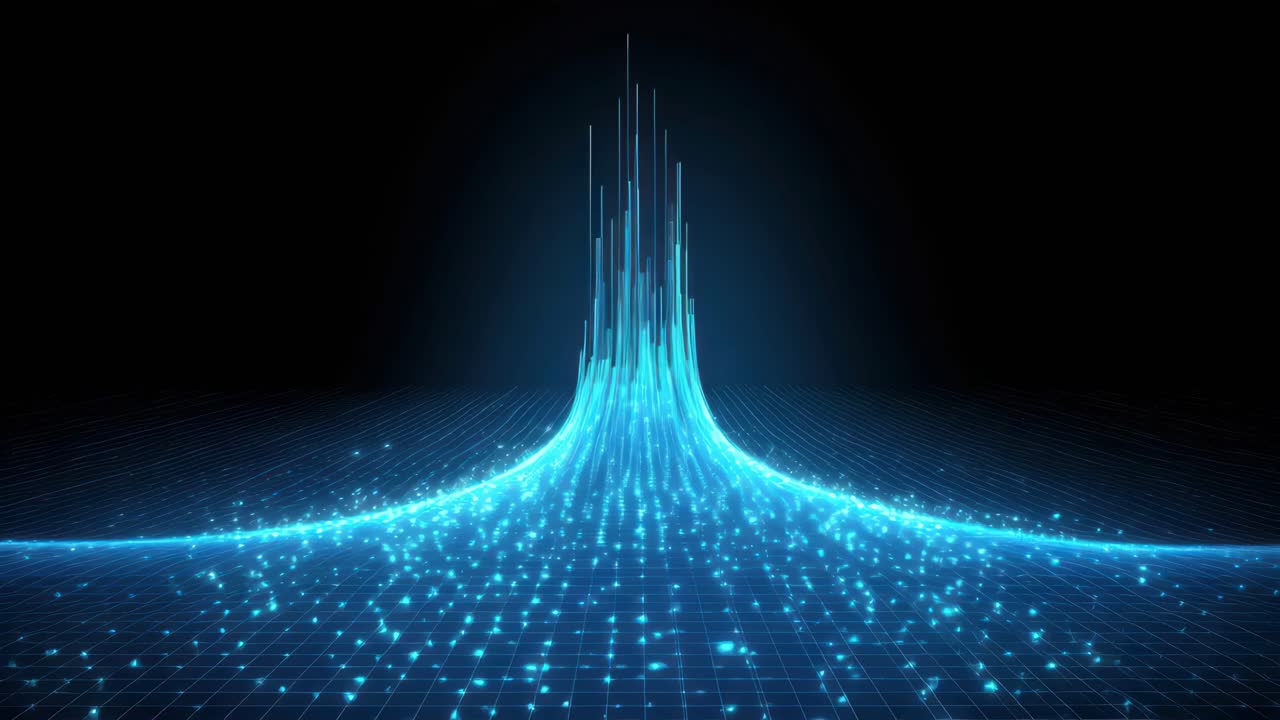 Futuristic digital landscape with glowing blue lines and particles, viewed from a low angle