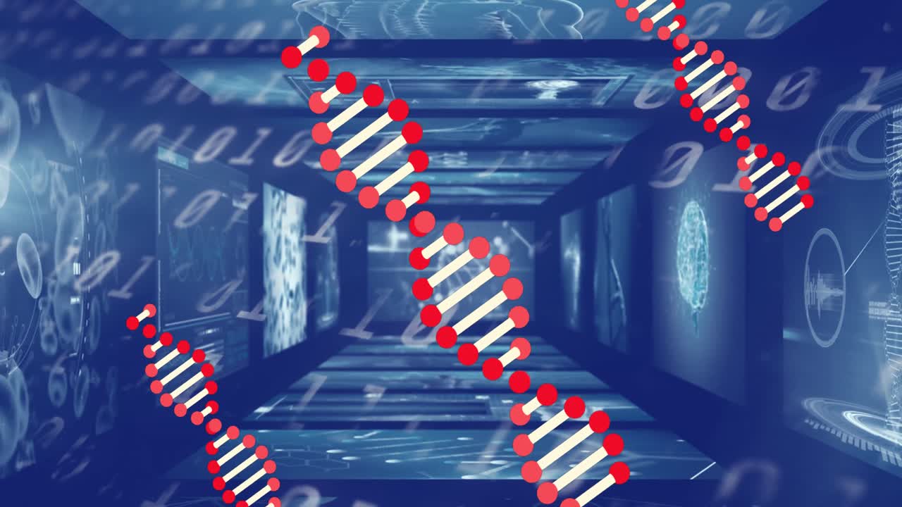 바이너리 코딩에 대한 의료 데이터 처리에 대한 화면 위에서 회전하는 dna 구조