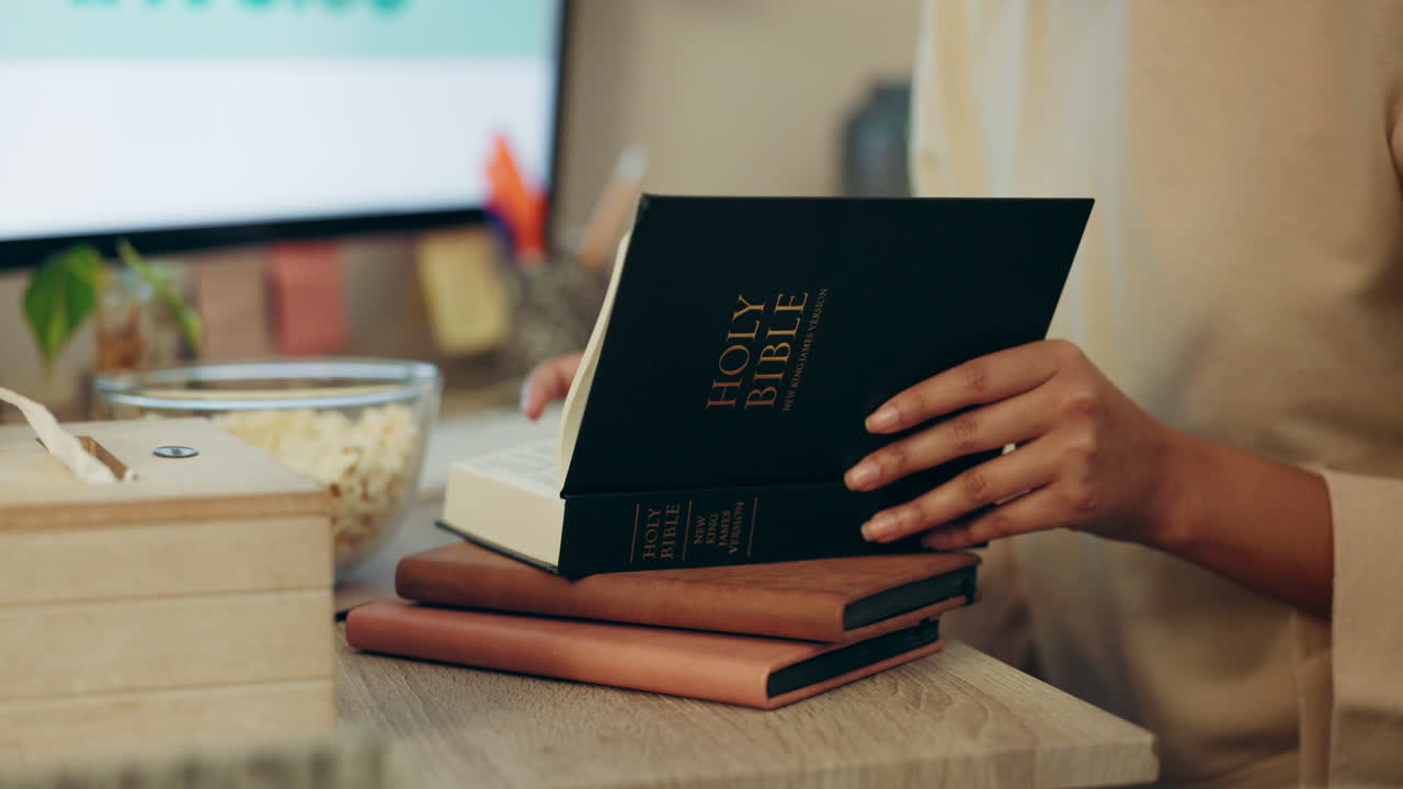 Bible, religion and hands reading holy Christian