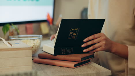 bible, religion and hands reading holy christian
