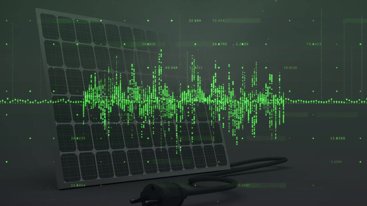 Data feed starting, green waveform growing into spikes toward panel and cable, showing numeric tags