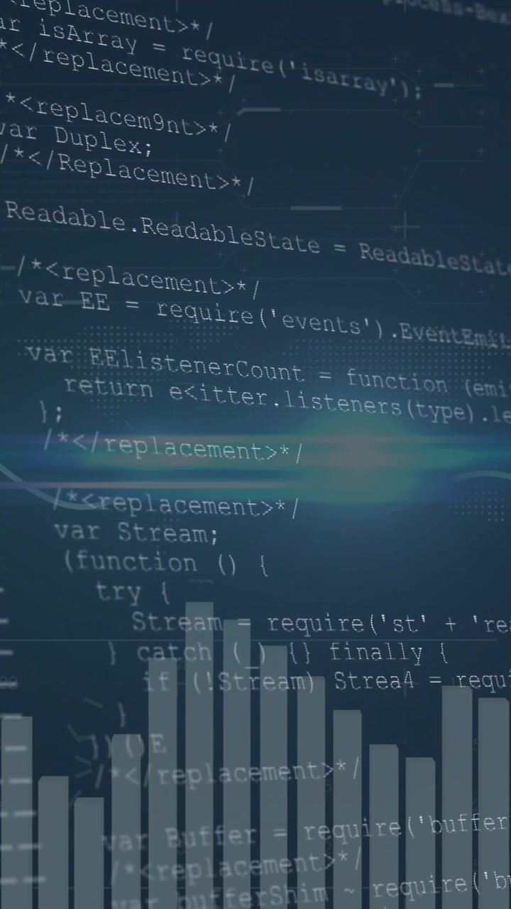 Vertical video: Light streak crossing, HUD revealing map, bars, wave and fading code for data