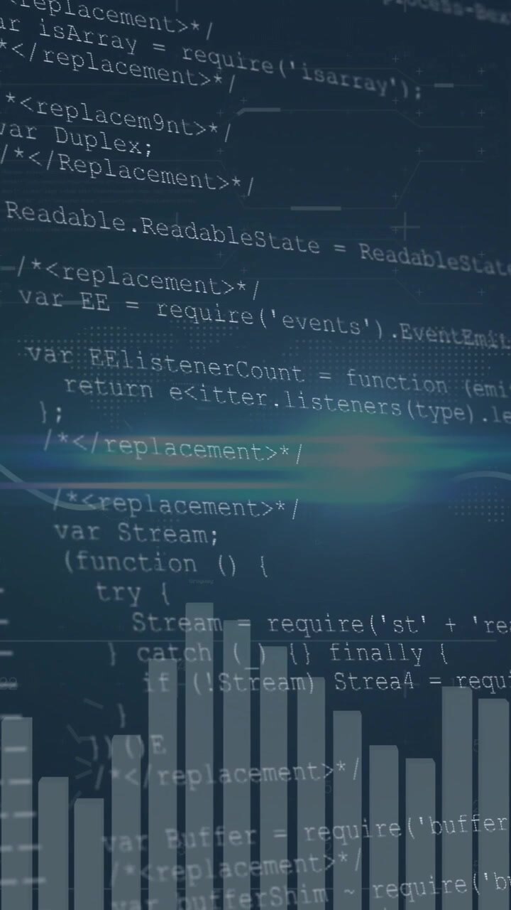 Vertical video: Light streak crossing, HUD revealing map, bars, wave and fading code for data