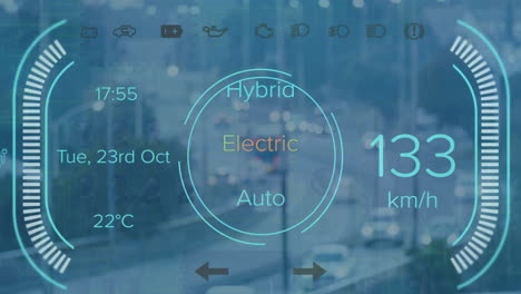 animation of digital data processing over electric car screen and cityscape