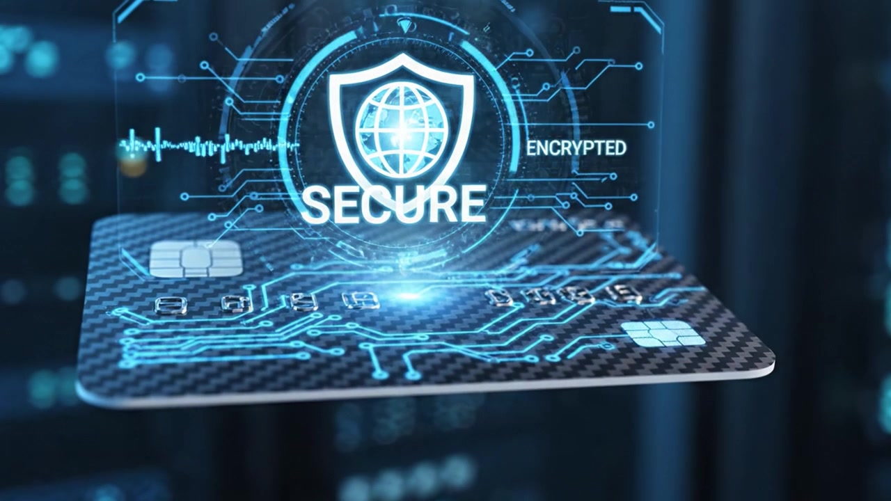 A High-Tech Credit Card with Advanced Security Features and a Futuristic Design Floating in a Digital Environment