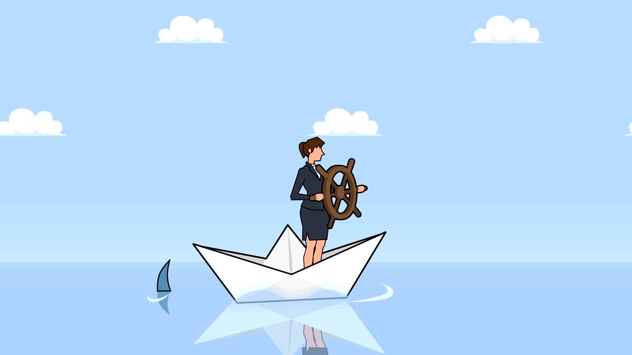 상어와 함께 종이 배에 떠있는 헬름 을 가진 평평한 만화 사업가 캐릭터 컨셉 애니메이션