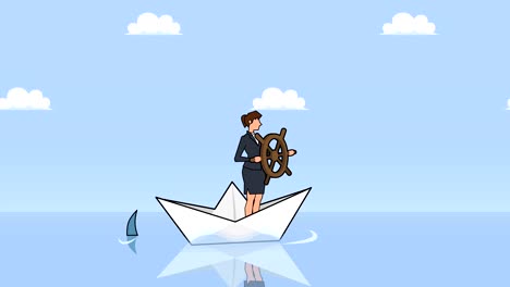 personaje de mujer de negocios de dibujos animados plana con rueda de timón flotando en un barco de papel con negocios de tiburón control de concepto de animación