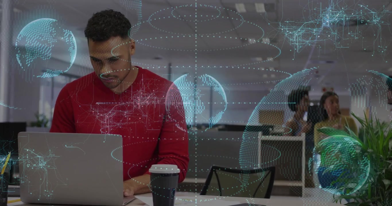 Tech engineer typing laptop in office launching AR globes for analysis as colleagues handing report