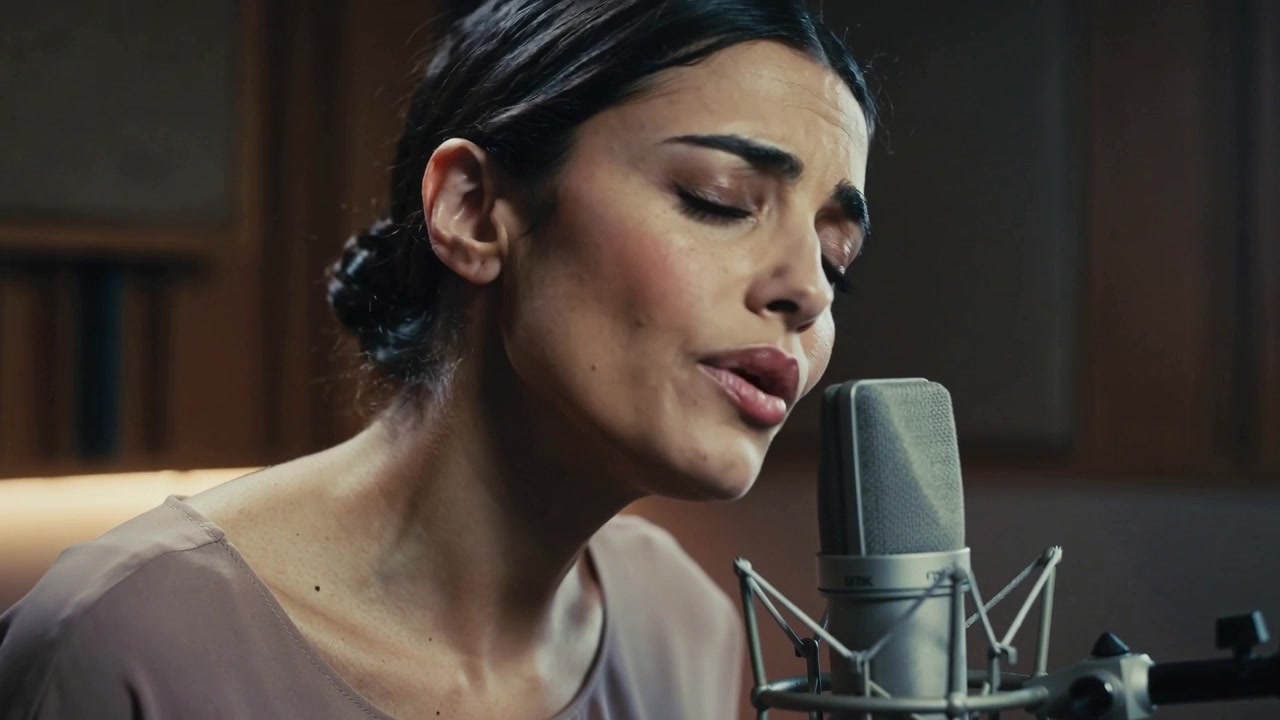 Inizio della registrazione, cantante che esegue una traccia vocale in studio con microfono a condensatore, in camicetta color malva