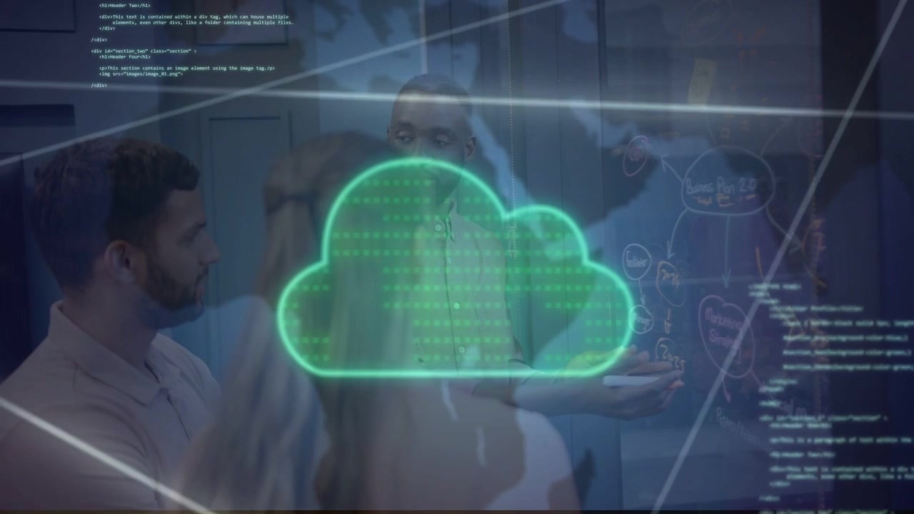 Presenter gesturing, activating neon cloud holo with code obscuring team in meeting showing cloud
