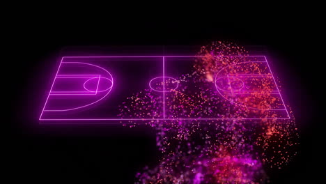 animation of network of red particles over purple neon basketball court on black background