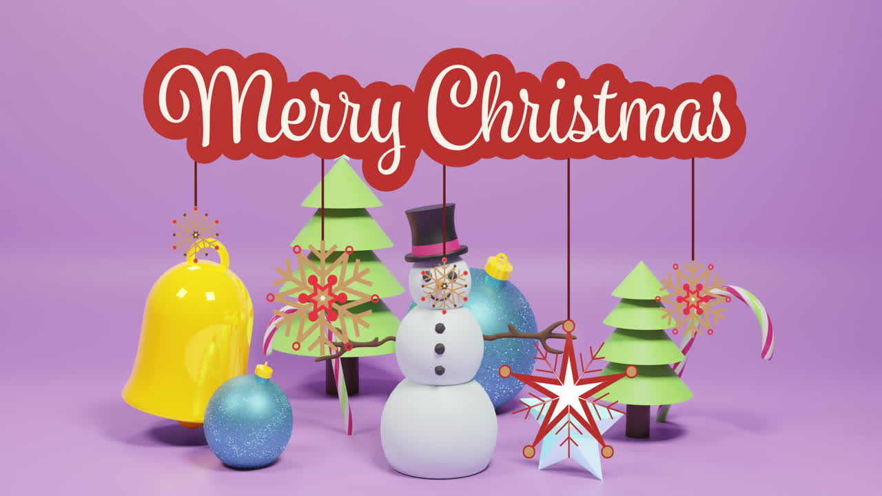 Animação de texto de cumprimentos de Natal sobre decorações de Natal em fundo roxo