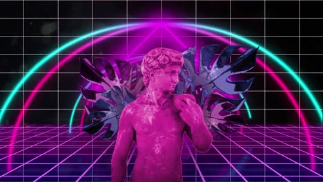 animación de la escultura con interferencia sobre formas y hojas coloridas sobre fondo negro