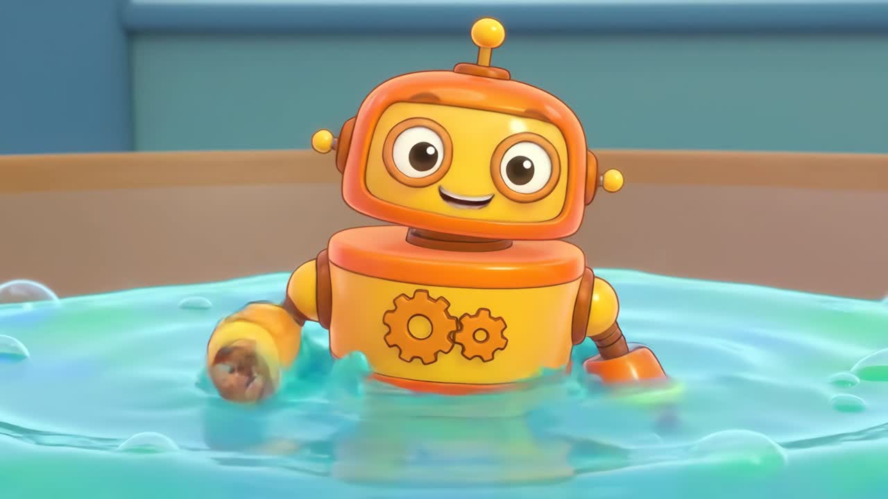 Robot Kartun Bahagia Muncul dari Air dan Memberi Jempol