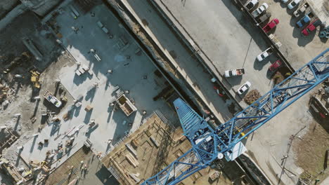 aerial overhead pan of construction crane